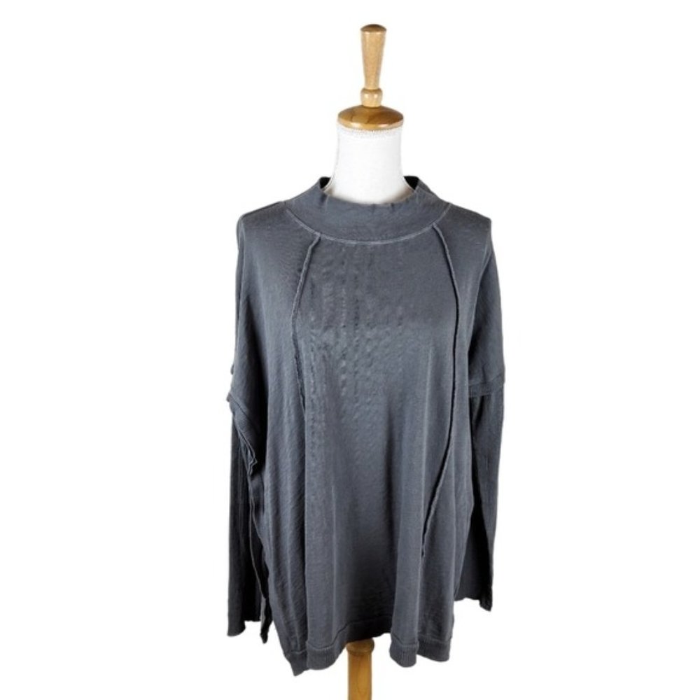 Hello Nite Mock Neck Lagenlook Side Slit Tunic Top In Charcoal Size Small